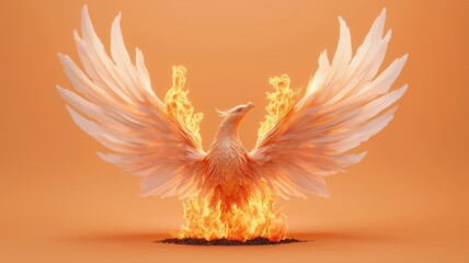 Obraz premium A magnificent phoenix rises from flames, its majestic wings spread wide against a vibrant orange backdrop, symbolizing rebirth and transformation.