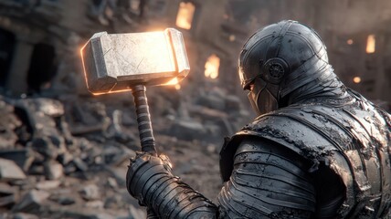 A warrior stands amid ruins, gripping a glowing hammer, symbolizing power and resilience in a battle-scarred landscape.