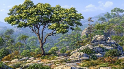 Majestic tree on rocky mountain landscape under a clear sky.