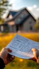 Naklejka premium Person Reviewing Document Near New House Construction