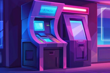 Vibrant Cartoon-Style ATM Machine with Neon Accents