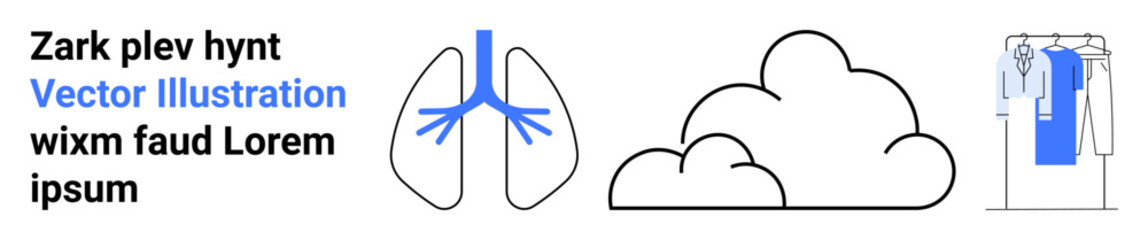 Human lungs with blue airways, a cloud, and clothes hanging on a rack beside text in blue and black. Ideal for health, weather, fashion, text design, print media, presentations online banners