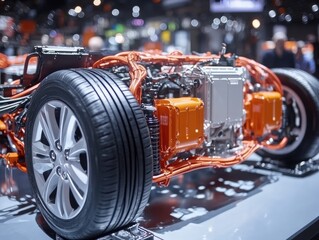 Fototapeta premium Close-up of an electric vehicle's chassis showcasing its components and wiring.