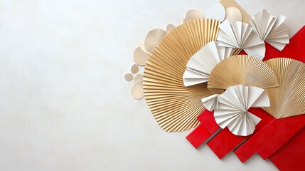 Obraz premium A textured gold and red design showcasing sharp geometric accents and layered fan shapes