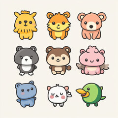 Fototapeta premium Adorable Cartoon Animal Characters Featuring a Fox, Bear, Owl, and More in a Cute Design Perfect for Children's Products and Graphic Use