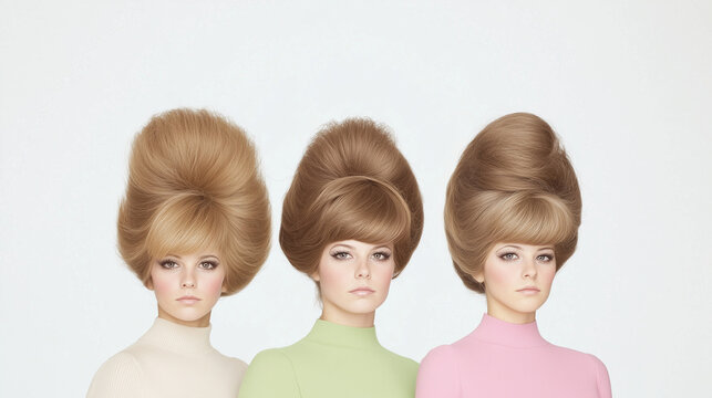 Retro Beehive Hairstyles: Three models with iconic 60s beehive hairstyles, each wearing a pastel turtleneck.  A stylish and timeless image, perfect for fashion, beauty, and retro themes. 