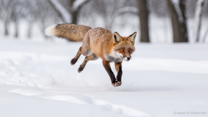 Fototapeta premium Fox mid-hunt, leaping into pristine snow with intense focus. Highlighting raw adaptability and energy in a snowy habitat. Ideal for wildlife photography.