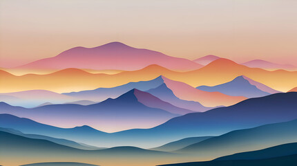 Obraz premium Overlapping mountain ranges with gradients transitioning from cool blues to warm oranges and yellows mimicking a twilight horizon.