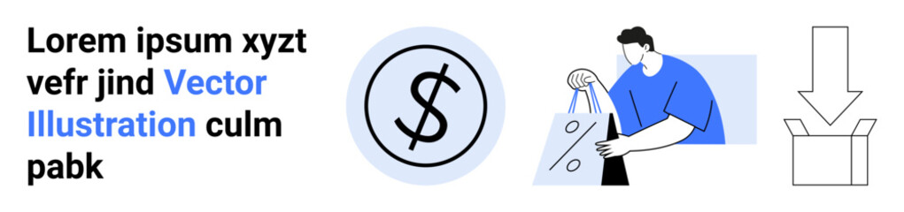 Dollar sign encircled, person with shopping bags, and a download icon. Ideal for e-commerce, shopping, finance, online retail, download services investment tech support. Landing page