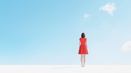 The Horizon Beckons: A woman in a crimson dress stands on a vast, white expanse, her gaze fixed on the boundless blue sky above. With clouds floating serenely.
