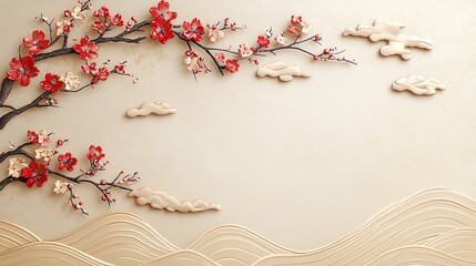 A vibrant golden background with intricate red floral motifs and traditional Japanese cloud patterns