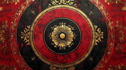 A dramatic red and black design with circular gold textures and floral geometric patterns