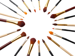 A captivating array of paintbrushes arranged in a perfect circle, showcasing their diverse shapes and sizes.  Ready to create!, cut out