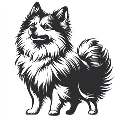 Black and white illustration of a fluffy Spitz dog, standing, looking happy.