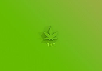 Cannabis leaf and THC acronym. THC -Tetrahydrocannabinol, one of identified cannabinoids in cannabis plants. Used to to relieve chemotherapy. 3D render