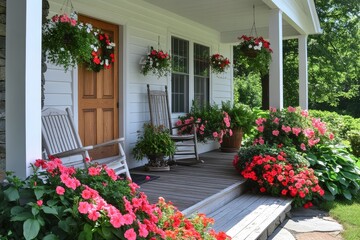 Nantucket-style front porch with ornamental chair, potted plants, and flowers. White vinyl pine slat cladding, grey stone panels, wooden door, and curved roof. Bright daylight architectural shot.