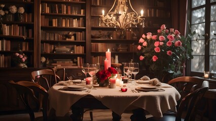 A cozy library with a table set for a romantic Valentine’s dinner, holiday promo poster banner background, vibrant colors