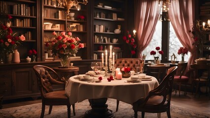 A cozy library with a table set for a romantic Valentine&rsquo;s dinner, holiday promo poster banner background, vibrant colors
