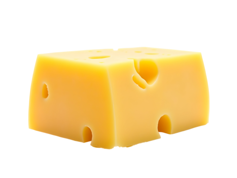 A delectable cube of cheese, its rich yellow hue punctuated by characteristic holes.  A culinary delight!, cut out