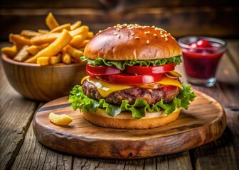 Macro lens captures the delectable detail: burger, fries, and ketchup, a mouthwatering feast on a wooden board.