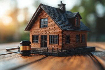 Gavel and house model on the table, symbolizing real estate law and home ownership, with soft-focus and cinematic lighting.