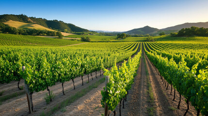 Obraz premium Scenic vineyard at sunset, golden light illuminating the rows