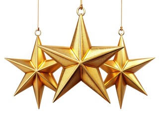 Fototapeta premium Modern golden stars dangle, festive holiday decorations. Perfect photographic subject for Christmas cheer.