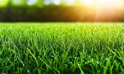 Naklejka premium Lush green grass with morning dew, sunlight.