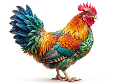 Retro poultry portrait: a colorful chicken, isolated, showcasing vibrant plumage on white.