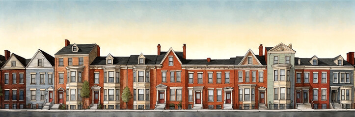 Fototapeta premium illustration of a row of row houses New York style. Long banner