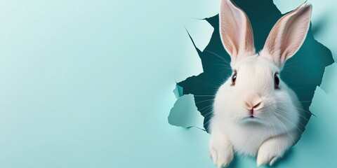 A cheerful and playful white rabbit playfully peeks through a torn teal backdrop, vividly embodying the true spirit of the Easter holiday, radiating a sense of wonder, joy, and delight