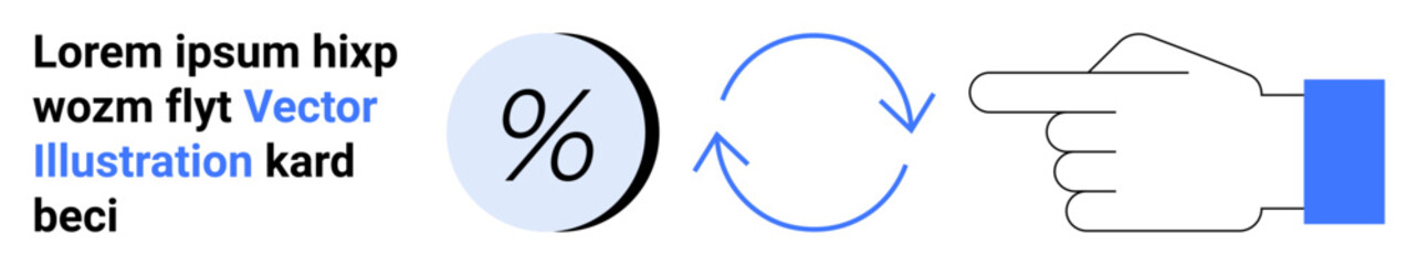 Percentage icon, refresh arrow, pointing finger. Ideal for finance, updates, navigation, user interface, instructions, marketing, and presentations. Monochrome and blue theme Vector elements