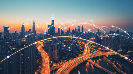 Obraz premium Smart digital Innovation city with connection network reciprocity over the cityscape. of future smart wireless city and social media networking systems that connects business people with in city
