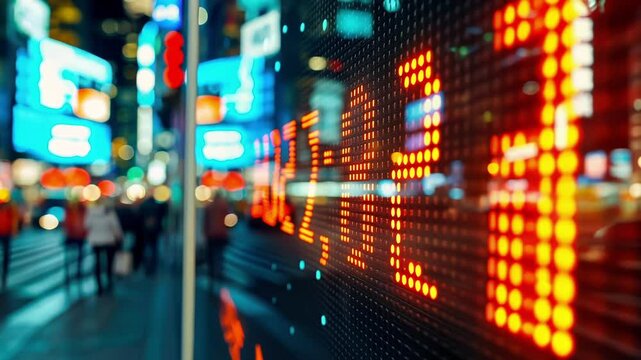 Large electronic display showing fluctuating stock prices illuminates bustling times square at night, reflecting the dynamic nature of financial markets