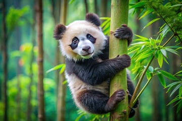 Obraz premium Watch a giant panda baby's adorable ascent in China.