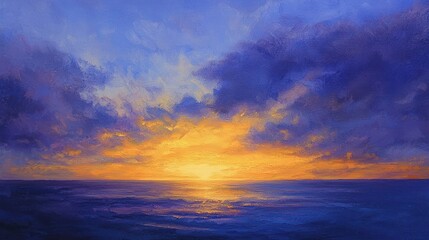 Obraz premium Vibrant sunset over calm ocean, painted in warm and cool tones.