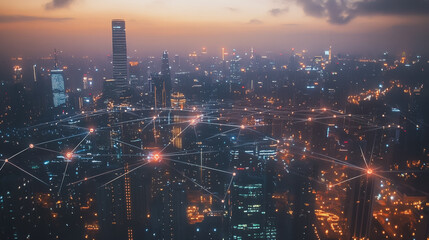 Fototapeta premium Smart digital Innovation city with connection network reciprocity over the cityscape. of future smart wireless city and social media networking systems that connects business people with in city