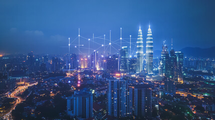 Fototapeta premium Smart digital Innovation city with connection network reciprocity over the cityscape. of future smart wireless city and social media networking systems that connects business people with in city