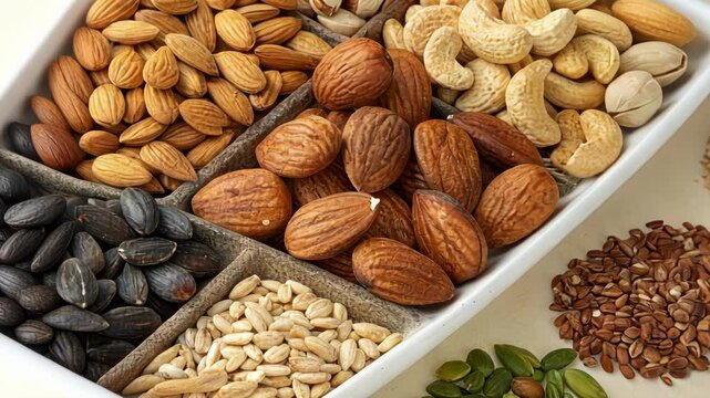 Closeup of nuts and seeds in the low GI section emphasizing their diverse shapes and colors against a simple background.