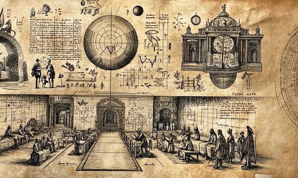Ancient Manuscript Illustration Depicting Architectural Concepts, Scientific Diagrams, and Figures Engaged in Intellectual Discourse on Aged Parchment Background