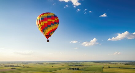 Fototapeta premium Vibrant hot air balloon floating over scenic, green countryside under clear blue sky