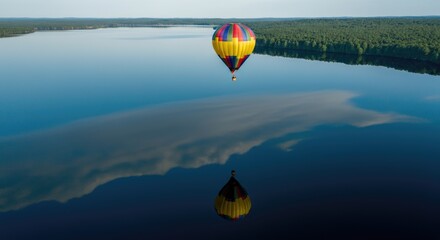 Fototapeta premium Multicolored hot air balloon over calm lake with reflection