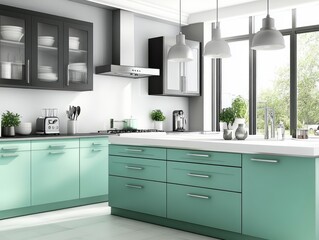 Modern Mint Green Kitchen Island Design with Glass Cabinets