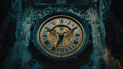 Fototapeta premium Ornate antique clock face on a dark stone wall.