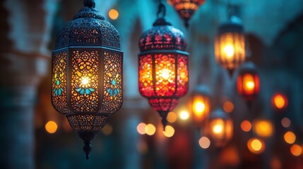 Intricate metal lanterns illuminate a dark space, glowing warmly.