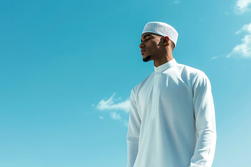 Man in Traditional Muslim Dress Against a Clear Sky