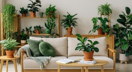 Cozy living room filled with various potted green plants and wooden furniture Neutral colors create calming atmosphere