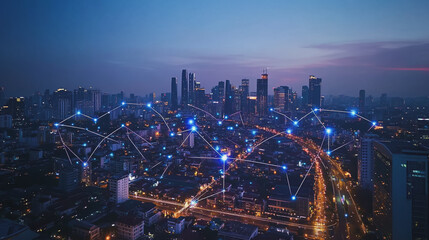Fototapeta premium Smart digital Innovation city with connection network reciprocity over the cityscape. of future smart wireless city and social media networking systems that connects business people with in city