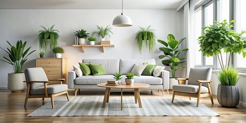 Candid photo:  Modern plants subtly enhance a minimalist white living room, creating a serene atmosphere.