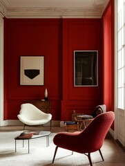 Red Room Interior Design Featuring Modern And Vintage Furniture